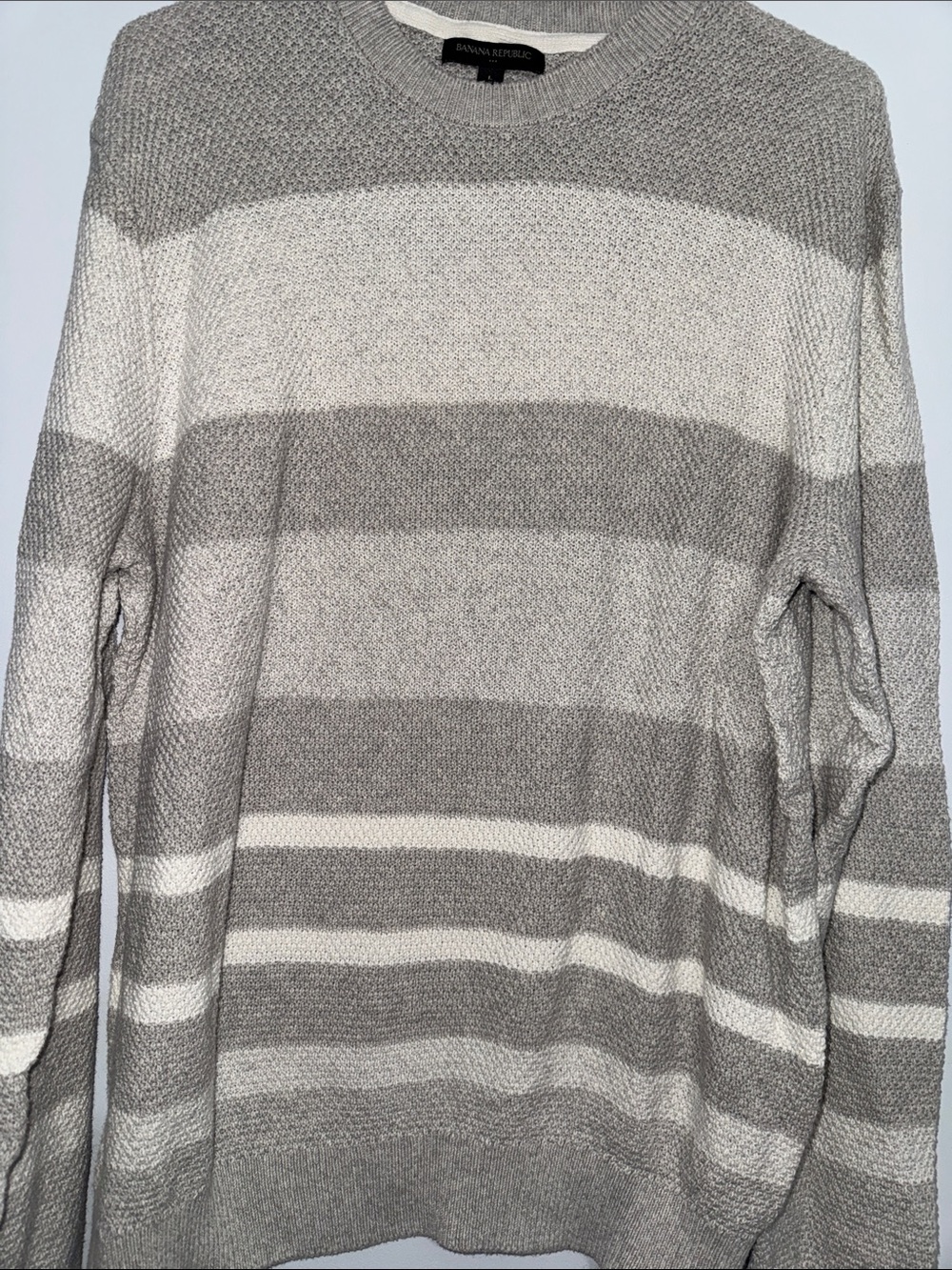 Banana Republic Men’s Gray and Cream Striped Crewneck Sweater